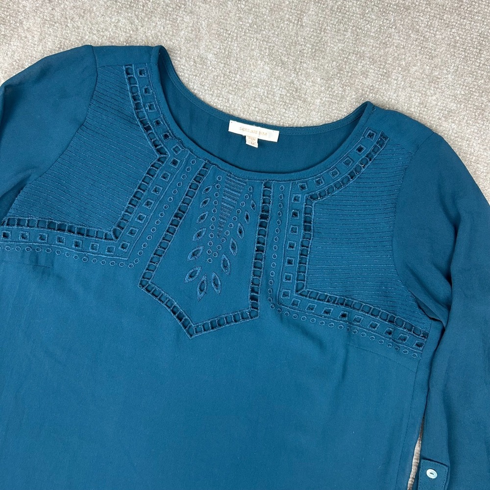 Skies Are Blue Blouse Womens Medium Teal Blue Floral Eyelet Lace Embroidered